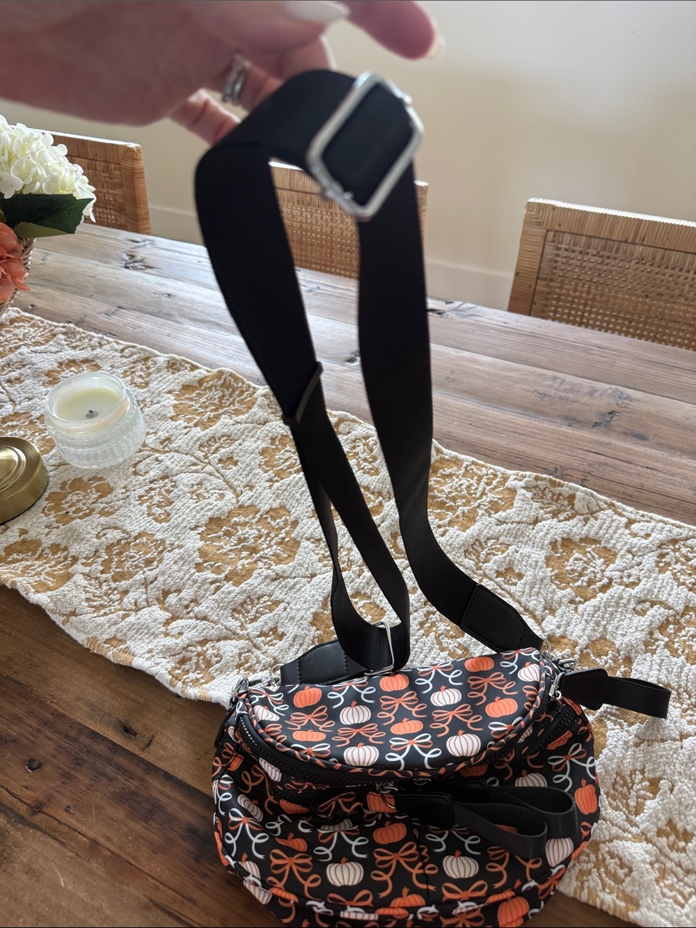 Black Pumpkin-Print Crossbody Bag with Adjustable Strap - Picture 2 of 4